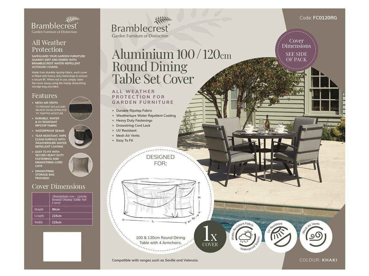 Bramblecrest - 100 & 120cm Round Dining Table Set Cover - Khaki - Alton Garden Centre 3 Bramblecrest - 100 & 120cm Round Dining Table Set Cover - Khaki - Alton Garden Centre
